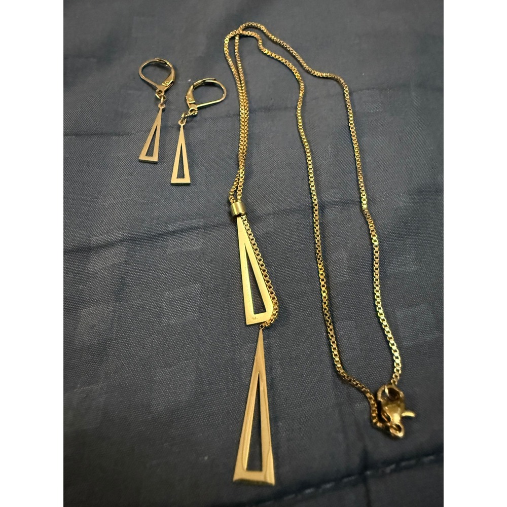 Gold Tone Geometric Triangle Lariat Necklace and Lever Back Earring Jewelry Set